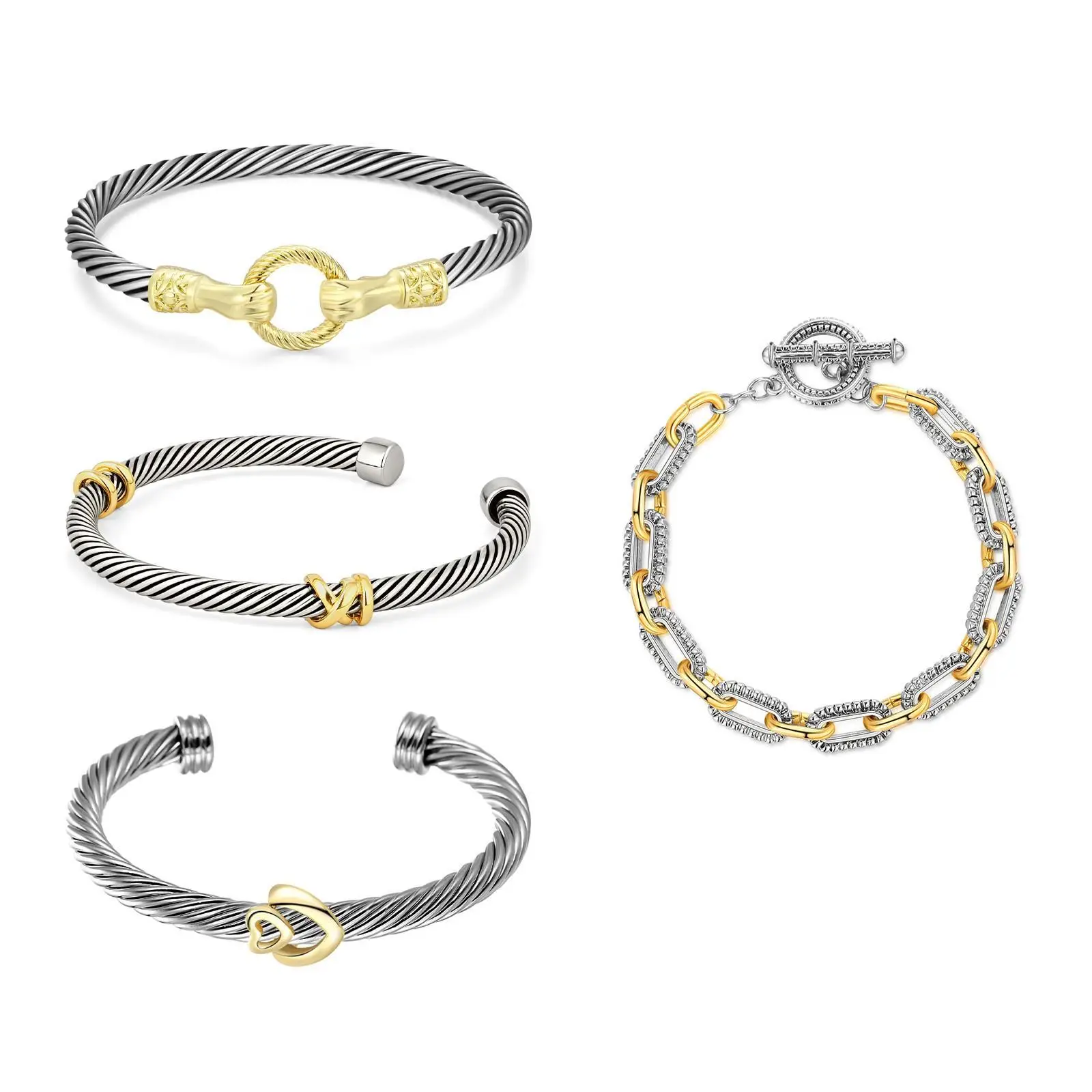 Aprilery 4PCS Two-Tone Twisted Cable Bracelet Set, Elegant Knot Design, Chic Cuff Jewelry, Eye-Catching Gift for Women