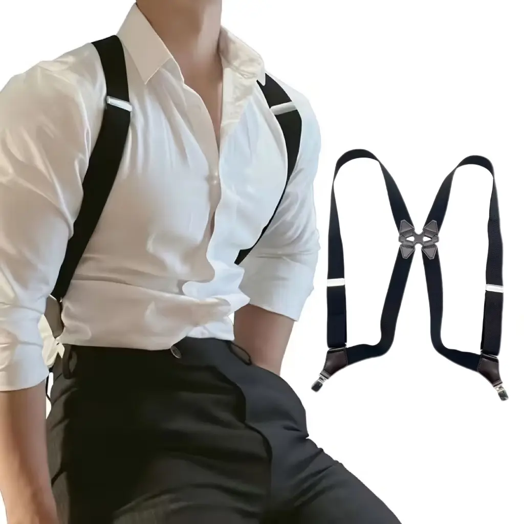 1.5-inch vintage-style outdoor casual clip-on suspenders; unisex side-clip design suitable for dress trousers and jeans.