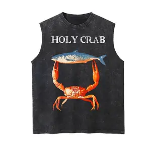 Holy Crab Funny Coastal Tank Top, Vintage Washed Heavyweight Stone Wash Oversized Tee, Punny Crab & Fish Summer Shirt, Gift For Beach Lovers