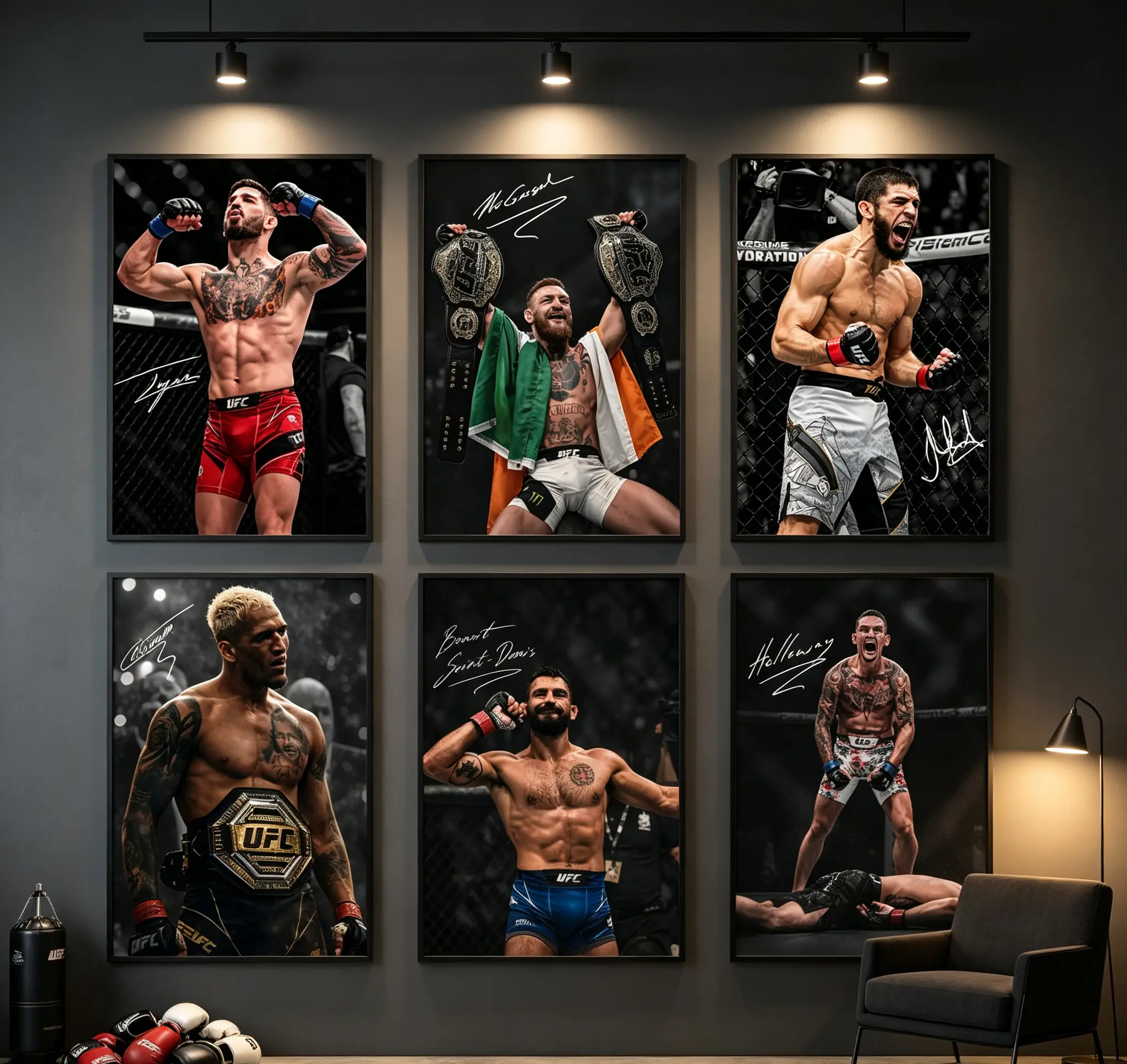 UFC Legends Canvas Wall Art Set - Signed Prints of Conor McGregor, Ilia Topuria, Makhachev, Charles Oliveira, Benoit Saint-Denis, Max Holloway - MMA Fighter Combo Artwork for Fight Sports Fans, Unique Room Decoration, Home Supplies, Artistic