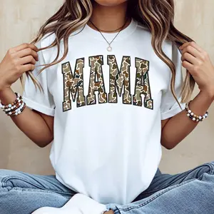 Camouflage Mama Print T-Shirt White Crew Neck Casual Top For Women Mother Day Gift