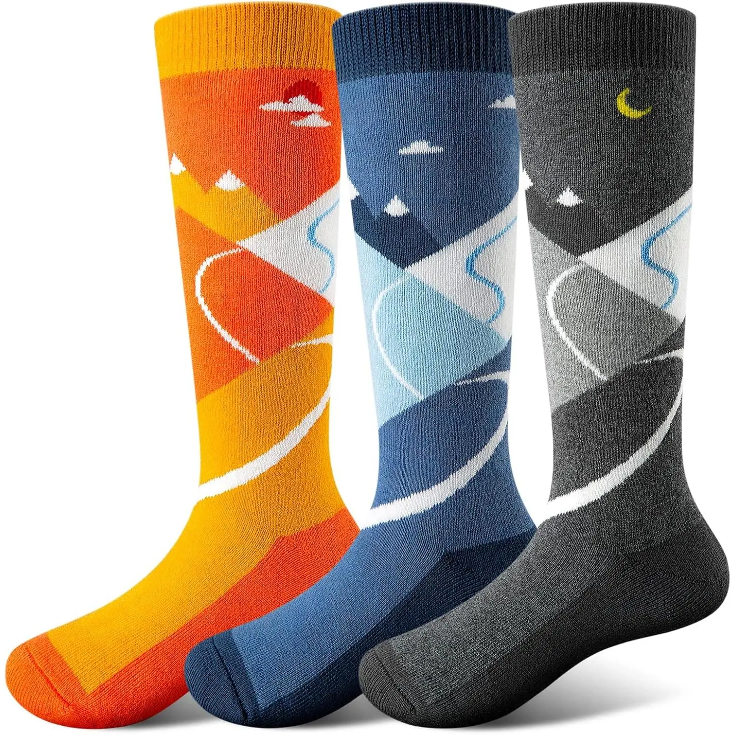 Children's Ski Socks 3 Pack, Over-the-Calf Winter Socks with Colorful Patterns, Comfortable and Warm for Skiing & Biking, Keeping Feet Warm