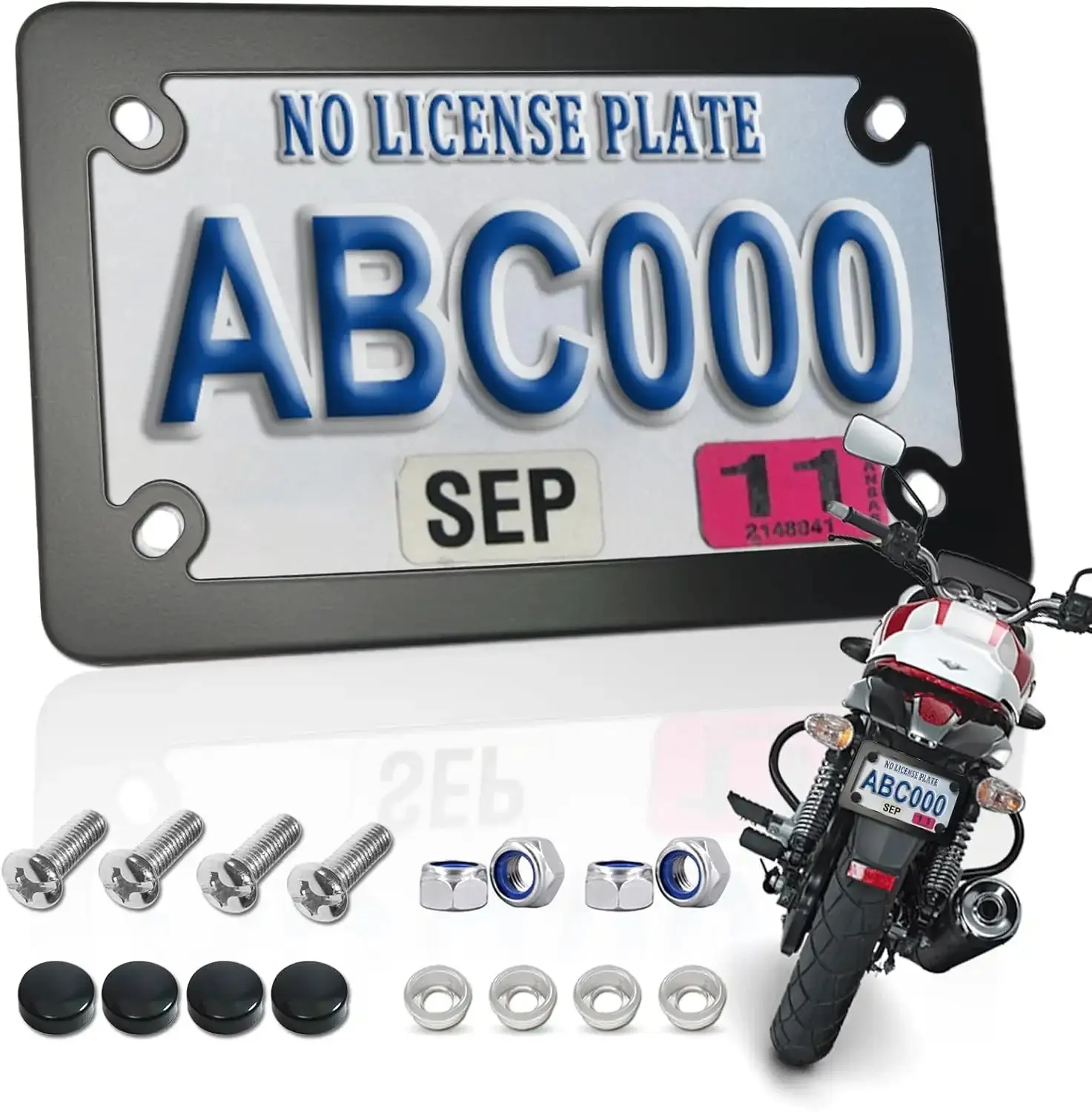Matte Black Stainless Steel Motorcycle License Plate Frame - 7x4in 4-Hole Heavy-Duty Classic Plate Holder, 1 Pack Easy-Install Auto Accessory with Anti-Aging Screws, Anti-Fading Black Caps & Mounting Hardware Nuts