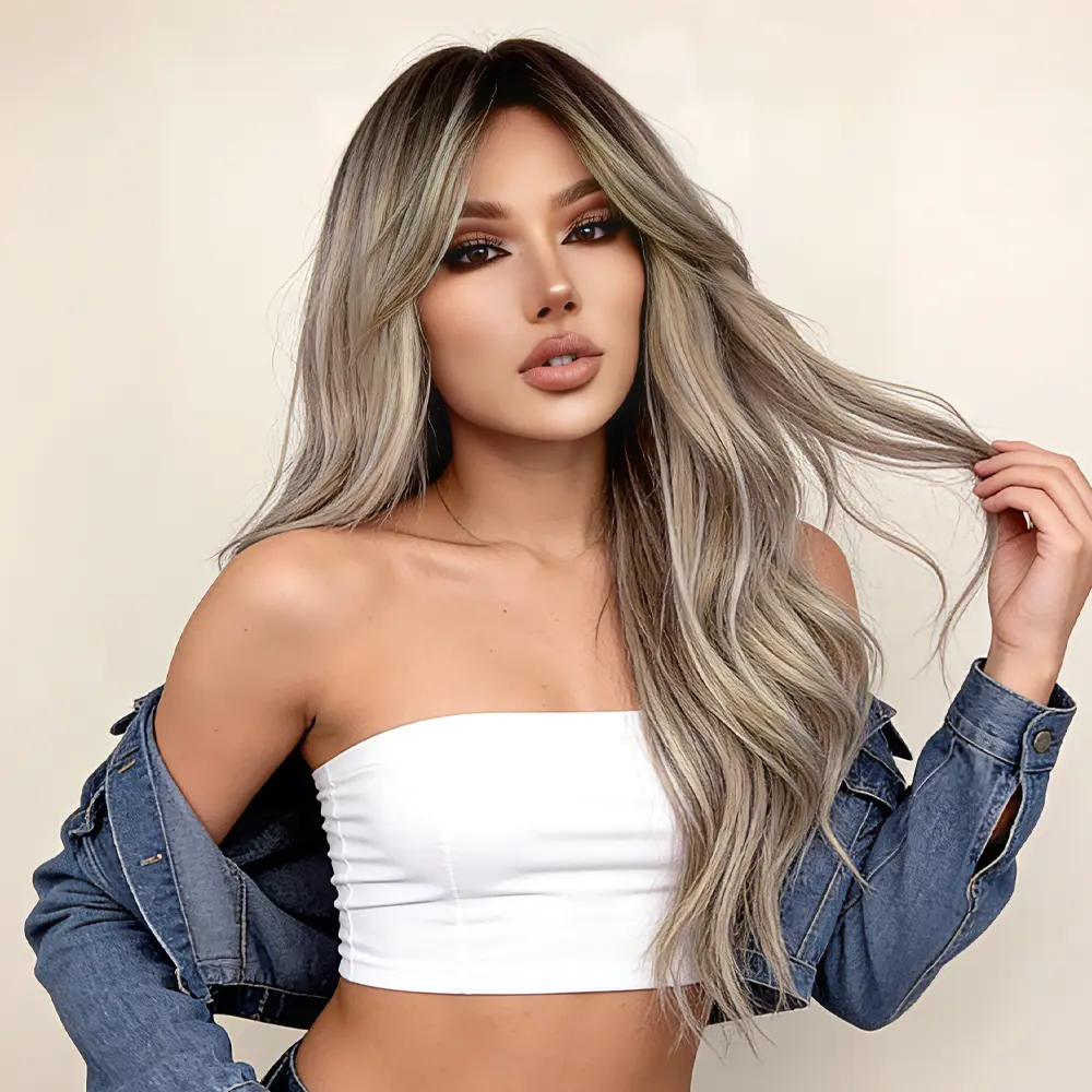 AOLIDA Ombre Ash Blonde Synthetic Full Machine Wig - 26in Wavy Tresses With Bangs, Glueless, Natural Looking, Beginner Friendly, Soft Heat Resistant Synthetic Hair, Natural Looking Wig, Beginner Friendly Wigs