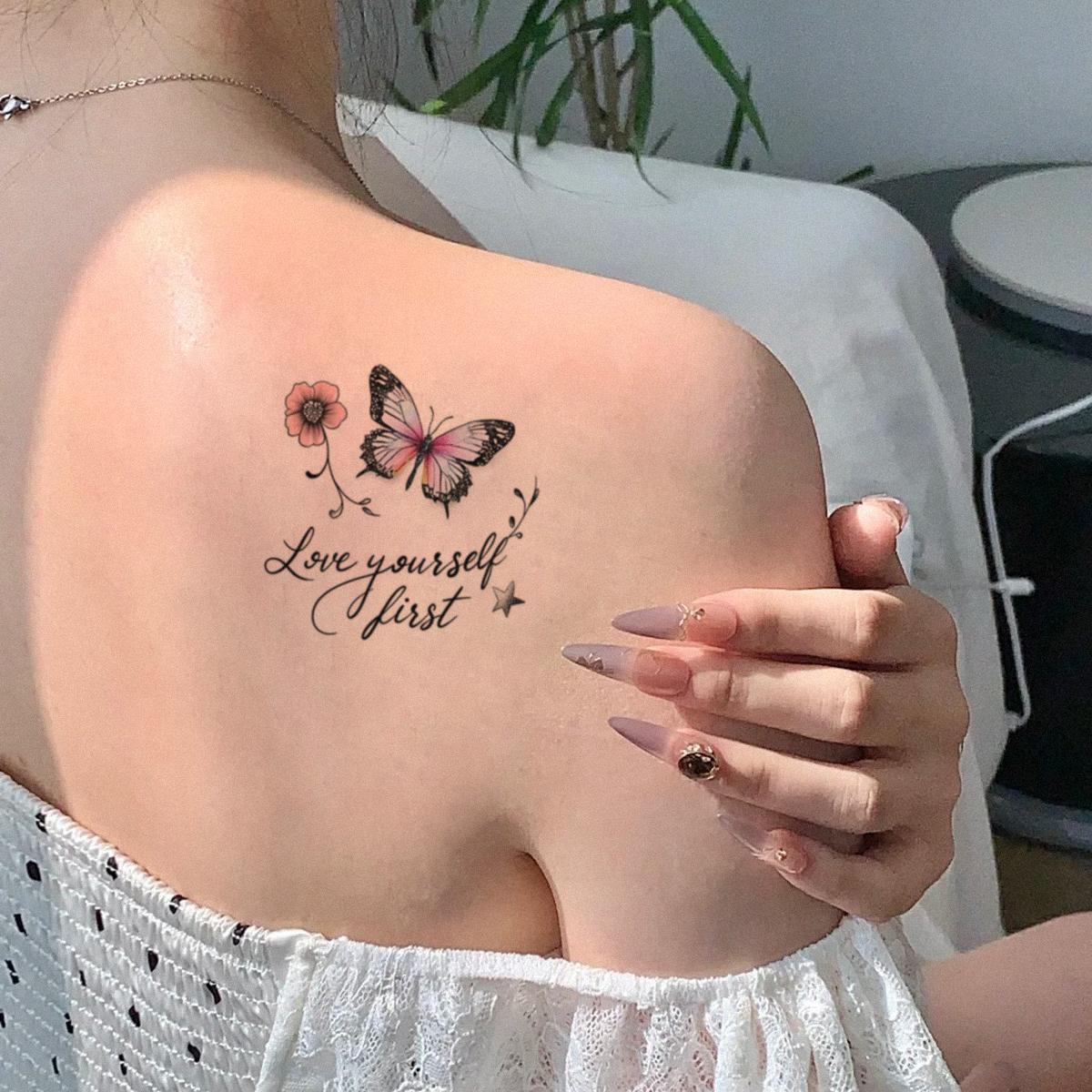Butterfly Floral Quote Series Temporary Tattoo Stickers - 2 Sheets Semi-Permanent Waterproof Realistic Fake Tattoos, Single Item for Women, All Skin Types Ideal for Swimming, Party, Beach