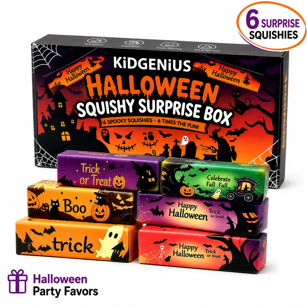 KIDGENIUS Unisex 6-Piece Halloween Squishies Stress Ball Set, Soft PU Slow-Rising Spooky Sensory Toys, Anxiety Reducing & Calming, Exquisite Gift Packaging, Kids’ Halloween Party Supplies, Soft Sensory Squishies