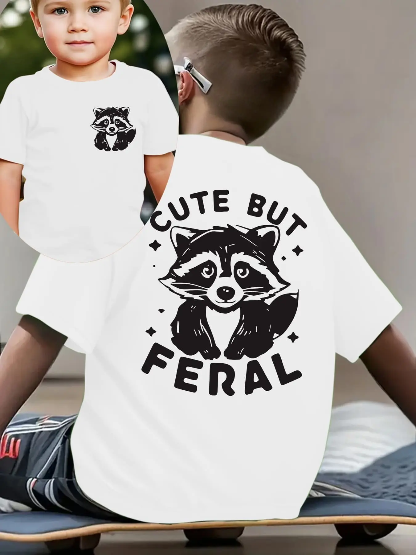 Kids "Cute But Feral" Raccoon Graphic T-Shirt, Soft Cotton Short Sleeve Tee, Funny Animal Themed Casual Top for Boys/Girls