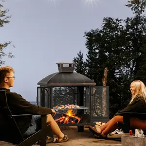 Fire Pit,44''X31''Metal Chiminea Fire Pit - Wood-Burning with Grill, Square Design, Mesh Spark Screen Doors, Fire Poker Included - Ideal for Outdoor Gardens and Yards Patio Modern