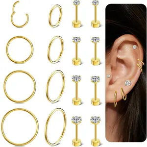 8 Pairs Hypoallergenic Stud Hoop Earrings Set for Women men-Silver 14K Gold Surgical Steel Seamless Earrings,Dainty Small Flat Back earrings for Cartilage Helix Tragus Multiple Piercing Jewelry