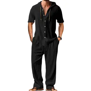 Men's Summer 2-Piece Loungewear Set, Hooded Drawstring Linen Short-Sleeve Shirt, Comfortable Breathable Drapey Solid-Color Casual Pants #SummerWins #fathersdaygift
