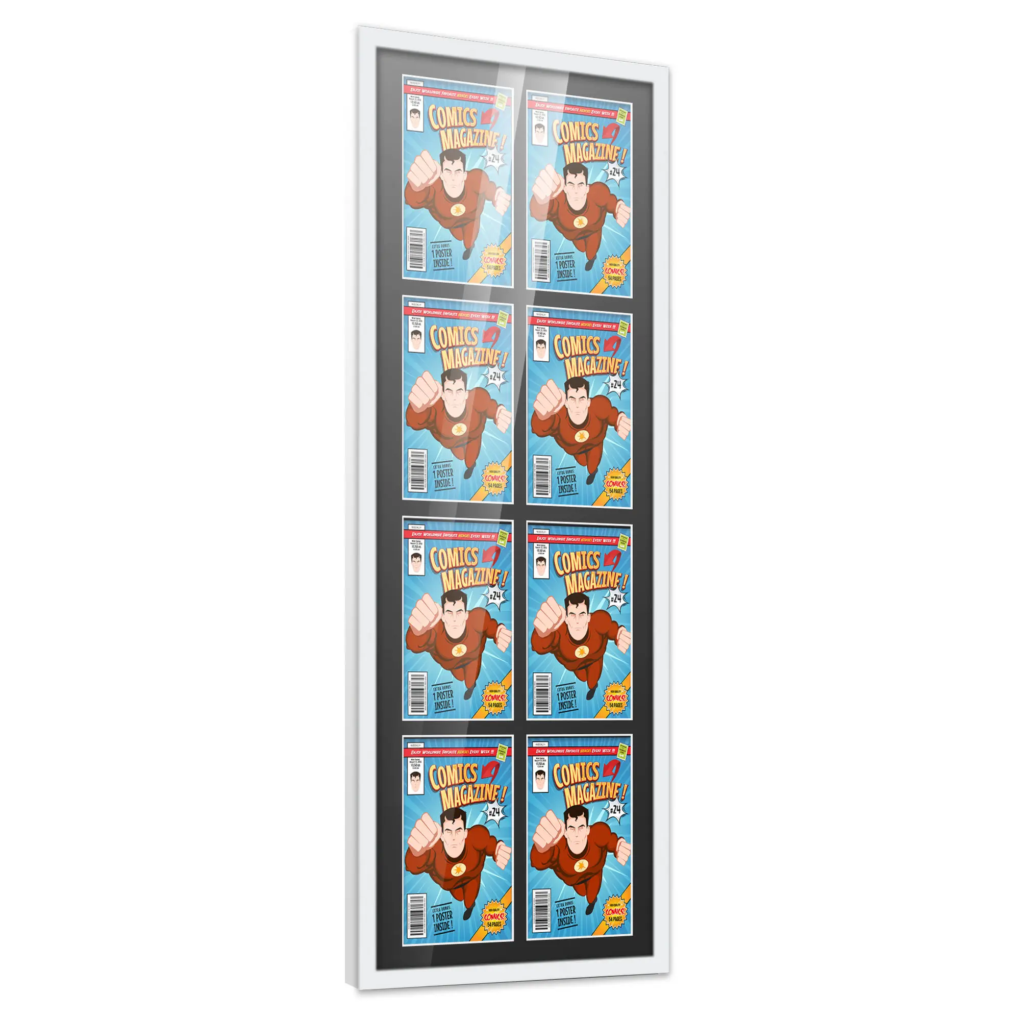 Comic Book Frame with Mat for 8 Current Era Comics Published After 1985 - White Wood Comic Frame With Black Mat for 6.875x10.5 Comics - 20x50.5 Frame Size