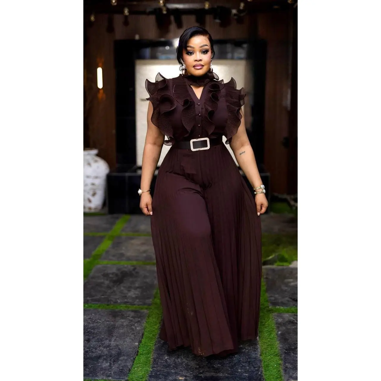 Luxury Brown Ruffle Sleeveless Twirl Pleated Jumpsuit for Birthday Party Summer Wedding Guest Dinner Cocktail Photoshoot Outfit