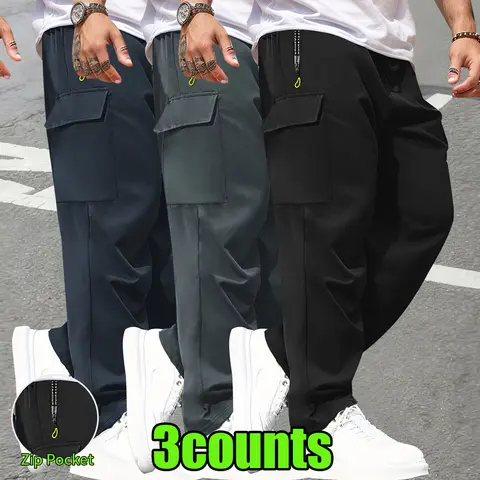 Men's Non-Stretch Woven Polyester Thin & Lightweight Pants, Plain Multi-Pocket, Adjustable Drawstring Waist, Straight Leg, Fitted Cut, All-Season Male Clothing Basics, Activewear, Sports Clothes, Work Pants
