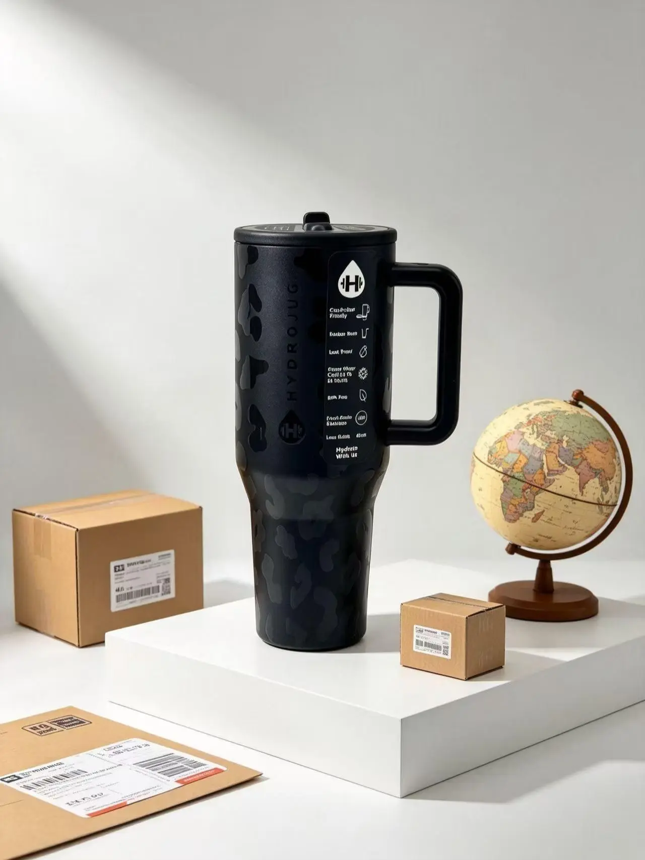 HydroJug 40oz Matte Black Shadow Camouflage Modern Vacuum Insulated Stainless Steel Flask, Reusable Travel Coffee Cup with Tea Strainer, Car Cup Holder-Friendly, Ideal for Camping & Outdoor Use, Portable Stylish Drinkware, Flasks, Insulation
