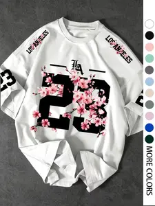 Men's Sakura Graphic Print Regular Fit T-Shirt, Summer Loose Casual Fashion Short Sleeve Round Neck Tee, Comfortable Versatile Men's Clothing, Menswear