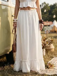 Elegant Layered Long Skirt, Women's Casual Drawstring Ruffle Boho Half Skirt, Summer New Arrival, All Seasons Plaid Pattern