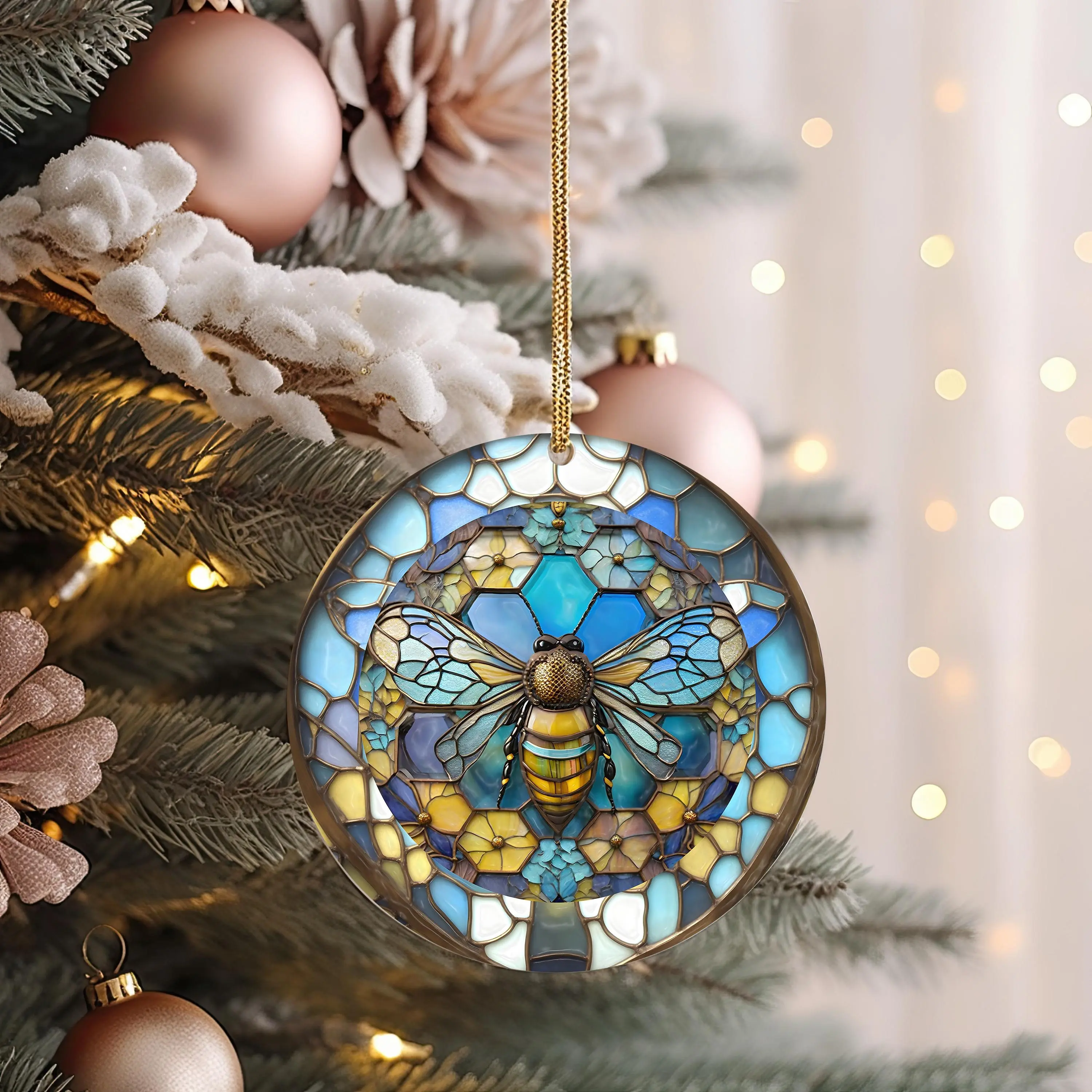 Bee Ornament Christian Gift for Her Bee Keeper Christmas Gifts Ornament Stained Glass Ceramic Ornaments Christmas Tree Bee Ornaments