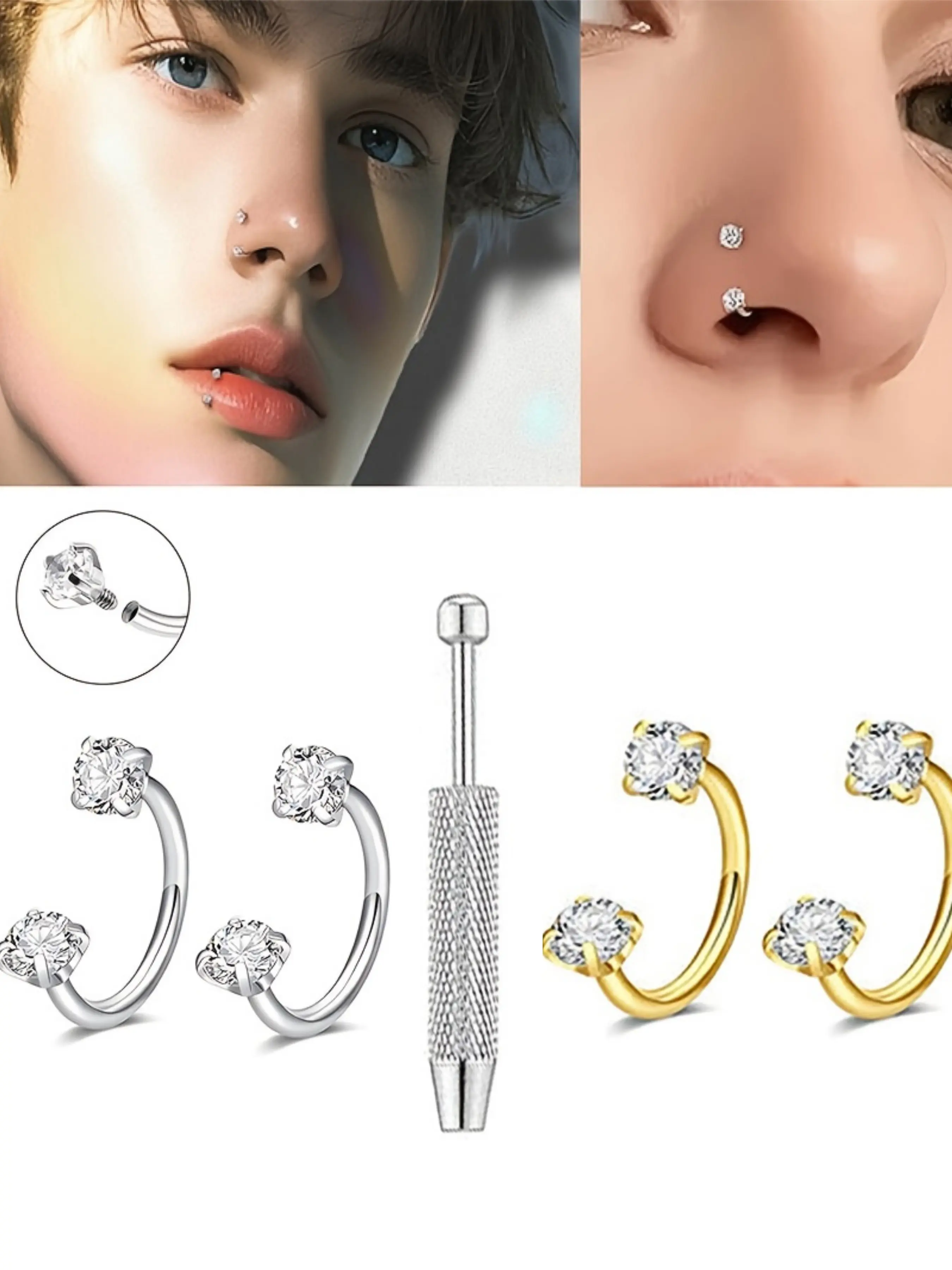 3pcs Set Stainless Steel U-Shaped Nose Rings & Septum Rings, Nose Piercing Jewelry, 18k Plated, Synthetic Zirconia, Unisex, Daily & Party Use