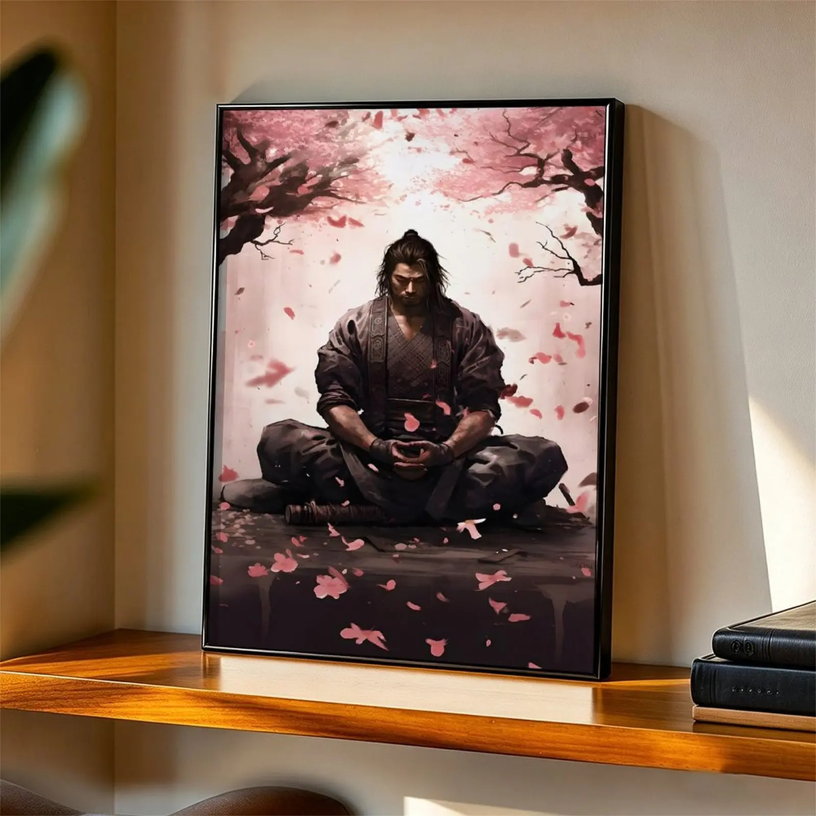 Unframed Meditating Japanese Samurai Canvas Wall Art - Cherry Blossom Sakura Print, Bushido Warrior Design, Japanese Aesthetic Home Decor for Home Office