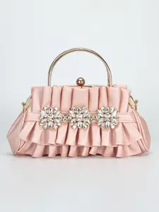 Vintage Pink Pleated PU Women's Evening Clutch Bag, Floral Rhinestone Handbag, Evening Handbags, Shoulder Chain for Crossbody Wear, Floral Lock Clasp. Suitable for weddings, parties, festive gifts