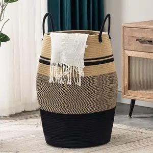 Jute Rope Laundry Hamper by , 105L - Woven Collapsible Laundry Basket - Clothes Storage Basket for Blankets organizing, Bedroom Storage, Clothes Hamper - Brown & Black