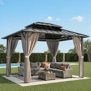 CAODOC 10x12 ft Hardtop Gazebo,Outdoor Heavy Duty Double Roof Iron Pavilion with Netting and Curtains, Metal Roof Patio Canopy for Backyard,Terrace, Lawn, Garden,and Deck