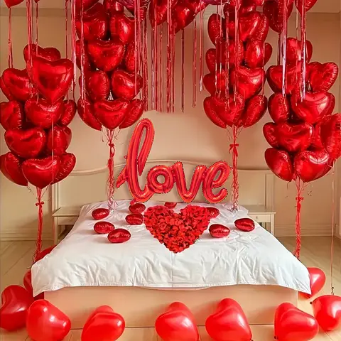 Love Letter Balloon Set, Heart Shaped Balloons, Heart-Shaped Rose Petals Decorations, Perfect for Proposals Weddings Anniversaries, 7pcs & 4 Packs, Balloon Decorations Kit