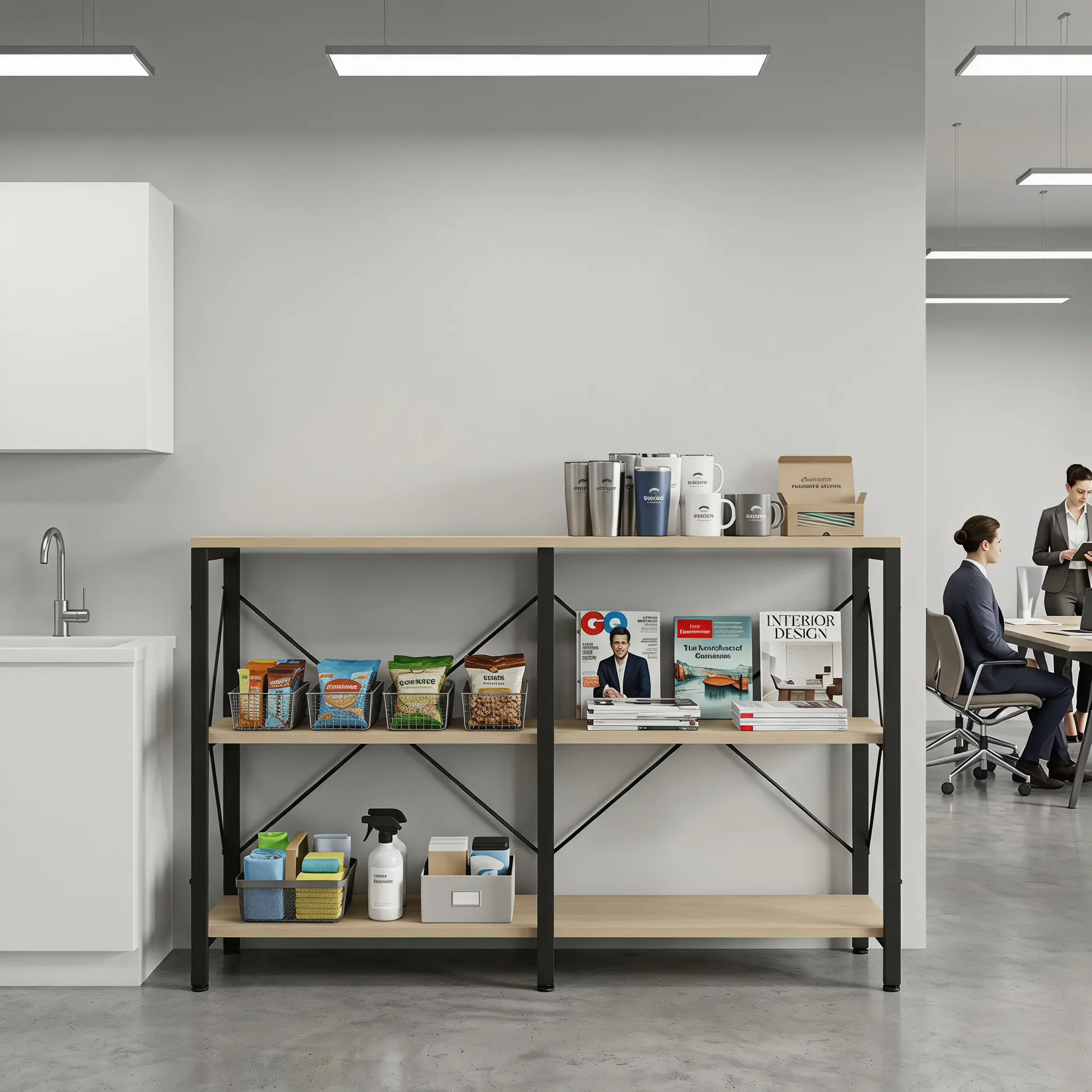 Modern Office Organizer Storage Rack - 3-Layer Wood & Metal Shelf, Black Metal Magazine Rack for Books and Supplies, Neutral Finish Office Furniture Home Essential