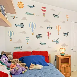 1 Pc 30×90cm Cartoon Hot Air Balloon & Airplane Wall Sticker Wall Decal Cloud Shaped Design Self-Adhesive for Kids Room Bedroom Wall Decor