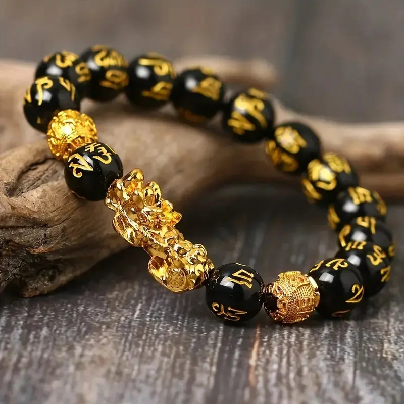MaxBling81 Black Stone Beads Accessory with a Gold Finished Pixiu Charm, a Unisex Design Inspired by Chinese Culture & Mythology, Chinese Mythology, Fashionable, Good Luck, Charm Bracelets, Wealth, Metal Coating Gold, Daily Wear, Animal, Casual, Elastic S