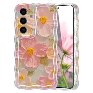 Case for Samsung Galaxy S24, Colorful Retro Oil Painting Flower Laser Glossy Pattern Cute Curly Wave Edge Exquisite Phone Cover Stylish Durable TPU Protective Case for Girls Women - Green