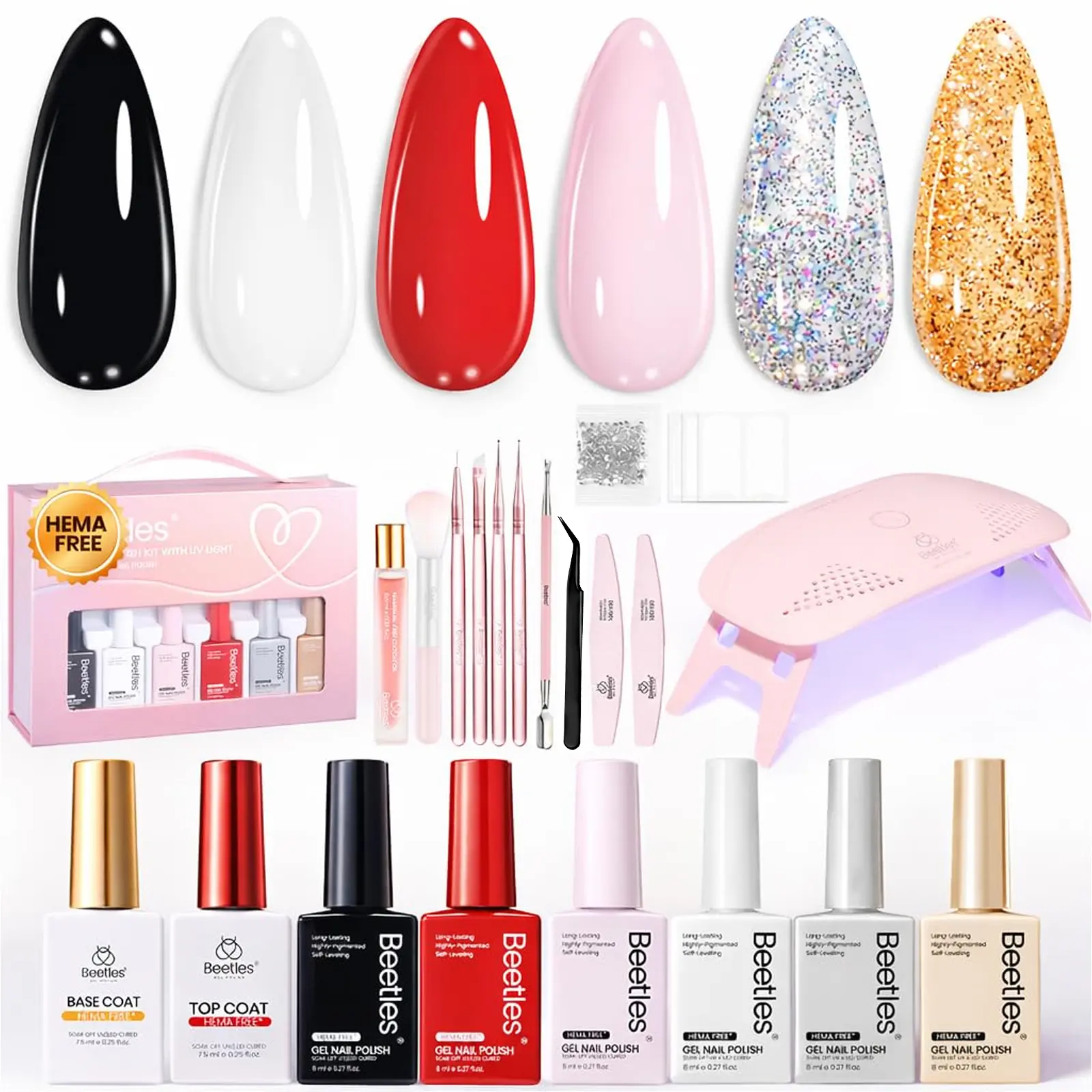 Beetles 22-Piece HEMA-Free Gel Polish Kit with UV Light - 6 Colors (Pink, Black, White, Red, Shimmery Glitter), Travel Size, Nail Art Set, Nail Care Solution, Gift-Ready for Girlfriends, Teens & Adults’ Salon Needs, Gifts For Your Girlfriend, Nails Kit Se