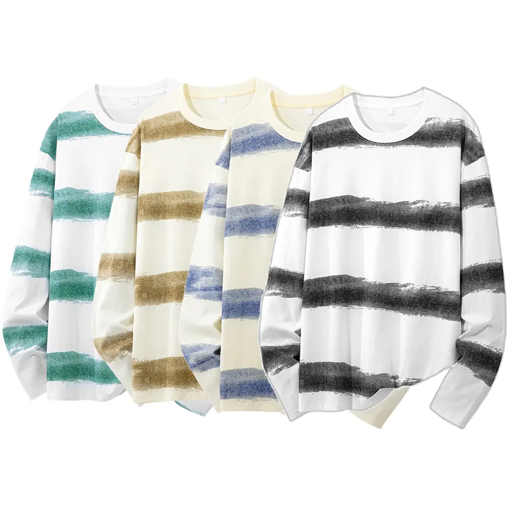 Men's Vintage Japanese Retro Brown-White Wide-Striped Long-Sleeve Washed Sweatshirt - Relaxed Fit, Lightweight Casual Pullover Base Layer for Outdoor Menswear Tops