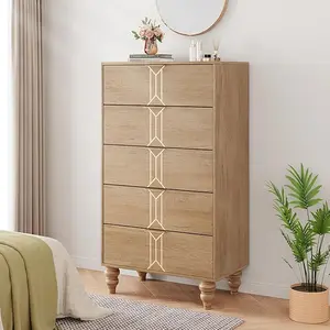 Tall Wooden 5 Drawer Dresser with Vintage Pattern Design, Modern and Stylish Dresser with Deep Drawers for Bedroom, Living Room, Entryway