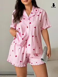 Plus Size Women's Heart Stripe Print Pajama Set, Floral Hem Button Front Short Sleeve Top + Printed Shorts, Sweet Comfortable Sleepwear