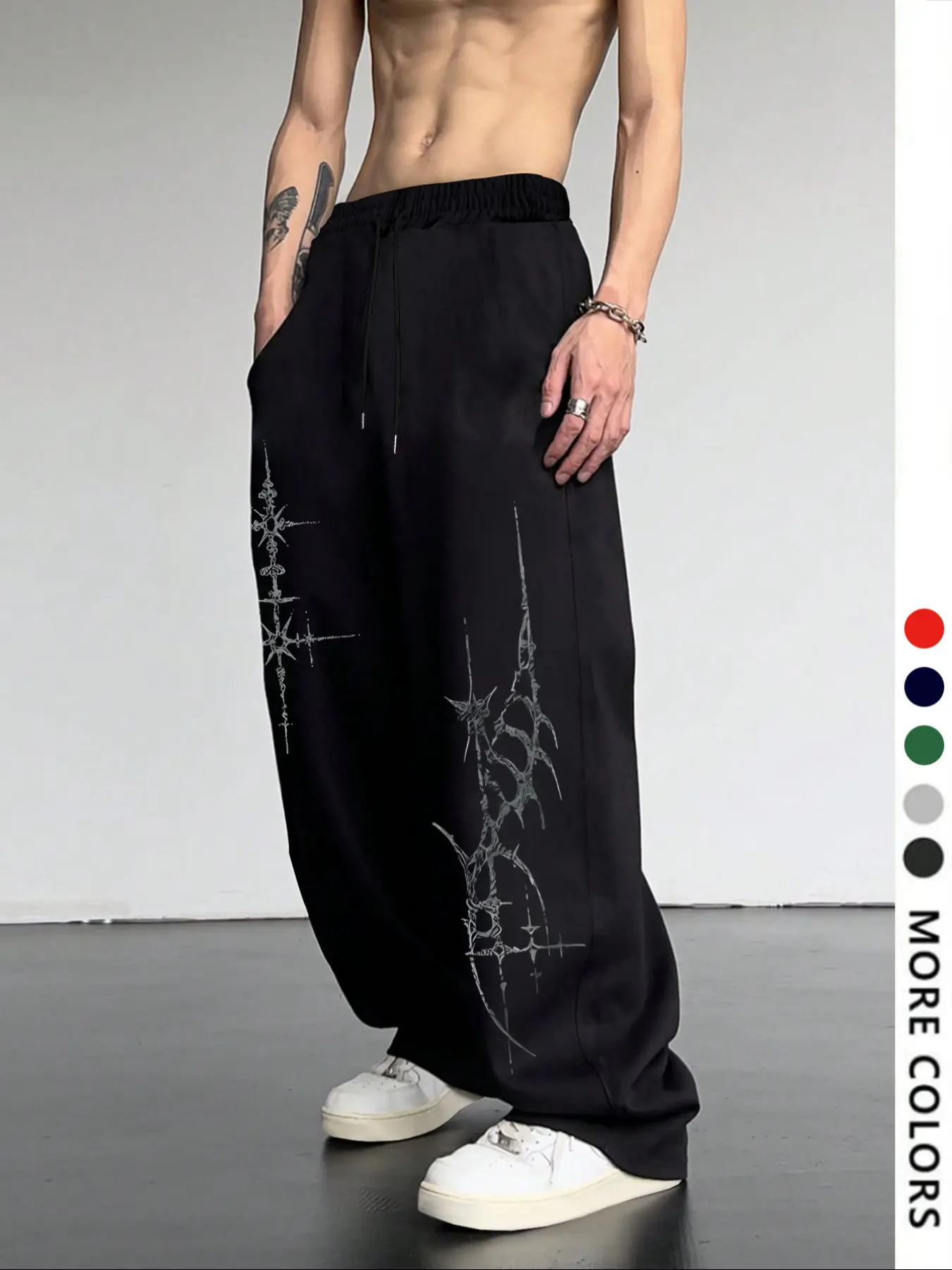 Men's Casual Sporty Wide-Leg Pants, Cross Pattern Long Sweatpants, Men's Loose-Fit Clothing for All Seasons, Drawstring Waist Baggy Pants, Athleisure Style Sweatpants, Graphic Print Sweatpants