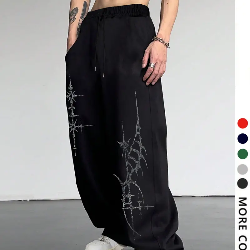 Men's Casual Sporty Wide-Leg Pants, Cross Pattern Long Sweatpants, Men's Loose-Fit Clothing for All Seasons, Drawstring Waist Baggy Pants, Athleisure Style Sweatpants, Graphic Print Sweatpants