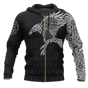 1pc Viking art print hoodie for men, polyester knit fabric, long-sleeve zip-up sweatshirt with drawstring, casual sports style, regular fit, outdoor hiking and running gear, fall/winter sportswear, can be worn under a raincoat