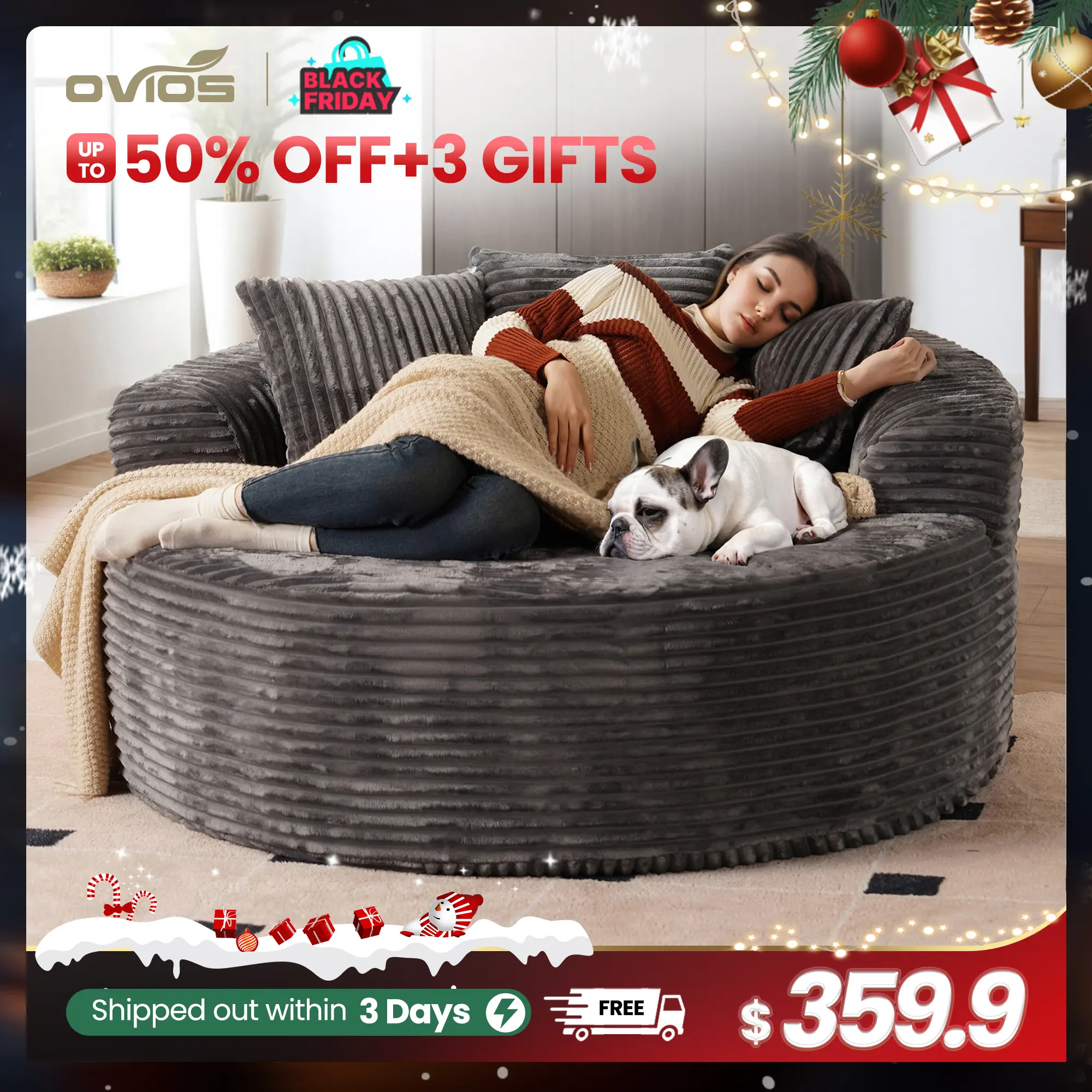 【SohoChic Sale】OVIOS 59" Oversized Round Sofa Bed, Plush Corduroy Bean Bag Lounge Chair with Deep Seat, Cloud Sleeper Couch with 3 Pillows, Comfy Floor Sofa for Living Room, Bedroom & Apartment, No Assembly Required