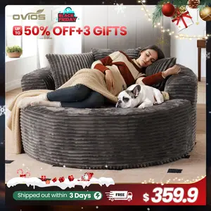 【Jumpstart Sale】Ovios 59" W Oversized Round Sofa Bed - Fluffy Lazy Bean Bag, Modern Deep Seat Couch for Relaxation, Plush Corduroy Fabric, 3 Pillows Included, No Assembly Required