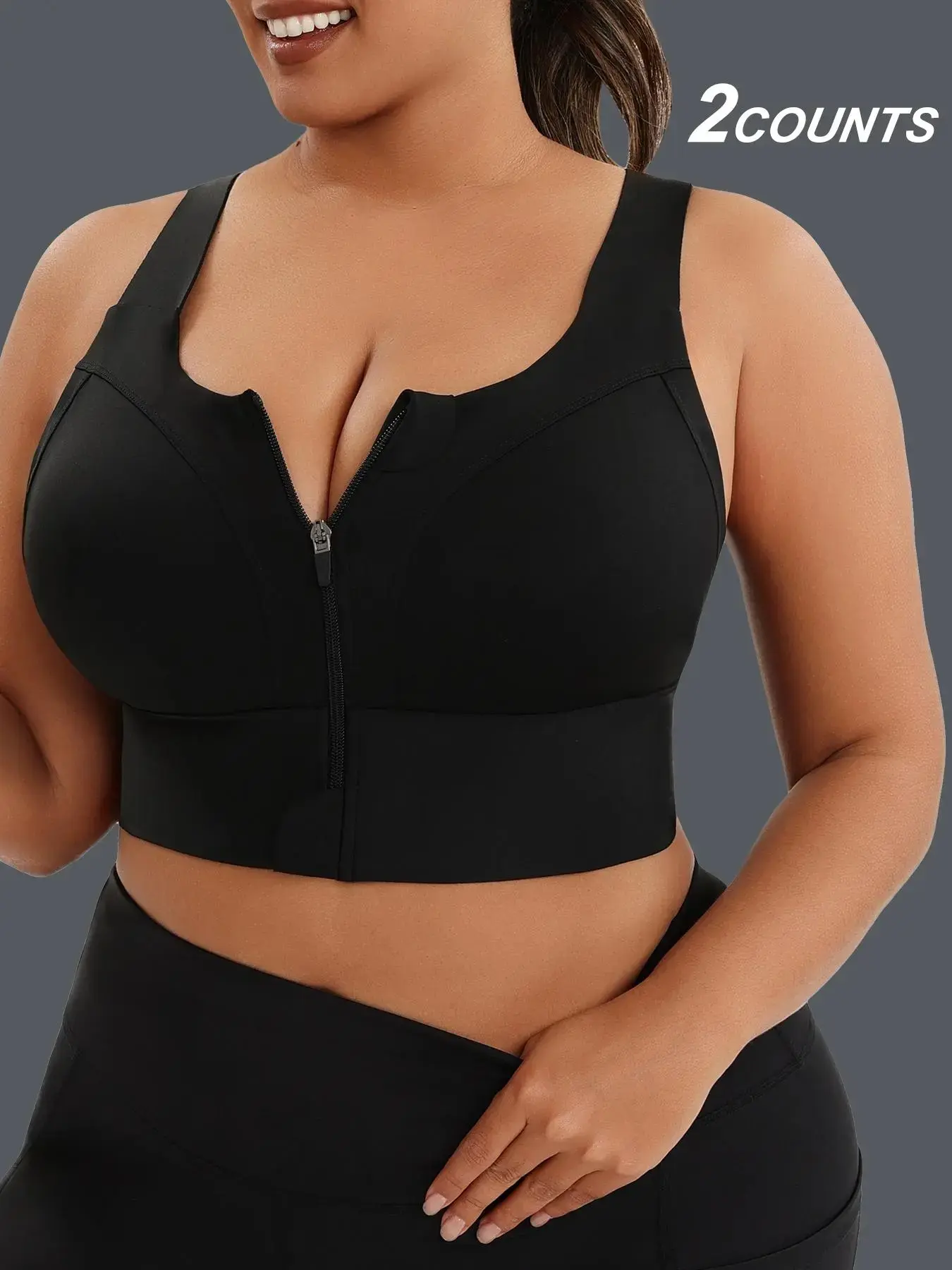 Plus Size Solid Zipper Stretch Sports Bra, Criss Cross Sporty Breathable Comfortable Bra for Yoga Gym Workout, Women's Plus Size Sport & Outdoor Clothing for All Seasons, Workout Clothes Women