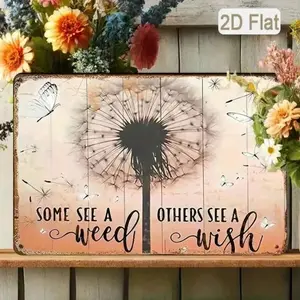 Vintage "Others See A Wish" Dandelion Tin Sign with Butterflies, Rustic Wall Decor, Metal Art Sign for Home & Garden