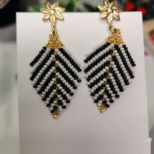 Beaded Elegant Women's Earrings 2.5 in Black White Gold color  Beaded Design Fashion Jewelry