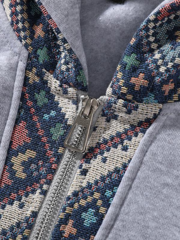 Thick Knit Men's Half-Zip Hoodie with Patchwork Contrast Color Design - Retro Ethnic Style, Fitted Silhouette, Warm & Cozy for Fall Outfits