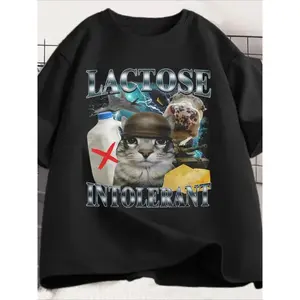 [Lactose-Free Milk Design] Men's Funny Lactose Intolerant Cat Meme T-Shirt | Vintage Graphic Tee