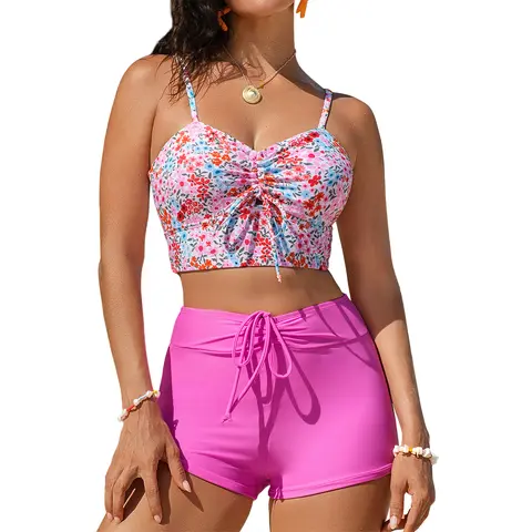 Aleumdr Women's High-Waisted 2-Piece Ditsy Floral Bikini Sets - Tummy Control, Functional Pockets, Drawstring Built-In Shorts, Stretch Quick-Dry Elastane Swimsuits Bikini Tops, Hand Wash Only Bathing Suit for Beach, Summer Vacation (Multi-Size)
