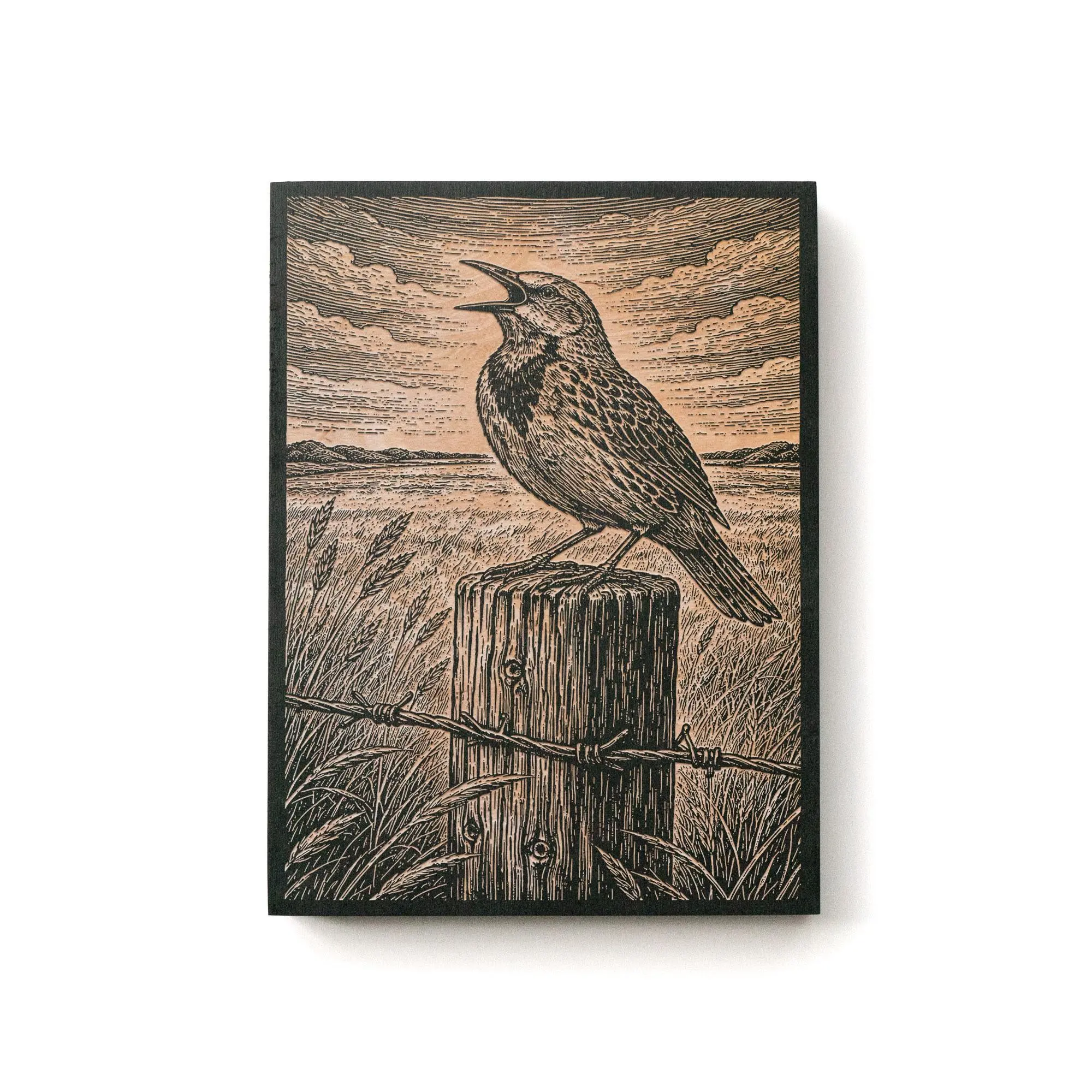 Eastern Meadowlark on Fence Post Engraved Birch Art Panel