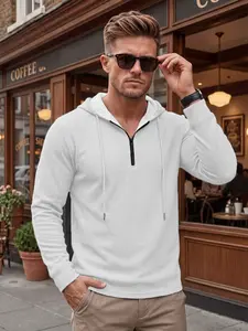 Men's Solid Color Waffle Knit Half-Zip Hoodie for Daliy Wear, Classic Soft Lightweight Long Sleeve Casual Sporty Sweatshirt, Solid Color Trendy Top, Outdoor Commute Daily Wear