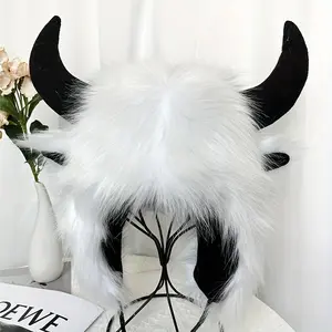 Classic Fluffy Cow Hat With Horns Solid Color Ear Flap Hat Winter Warm Plush Hats Thick Coldproof Beanies Knit Hats For Women Female
