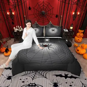 Black Spider Kids Comforter Setspider Web Happy Halloween Bedding Set,Boys Girls Women Men Room Decor,Insect Rustic Farmhouse Down Comforter,Black White Chic Duvet Insert